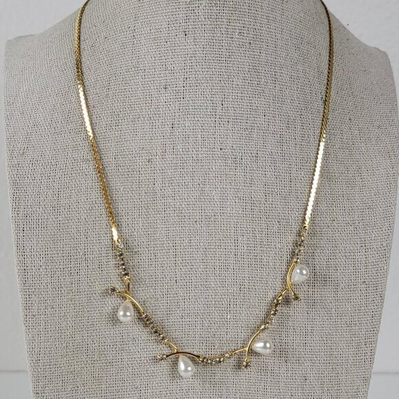 Unbranded Jewelry - Vintage Gold-Tone Smoke Rhinestone White Faux Pearl Vine Necklace 18 In